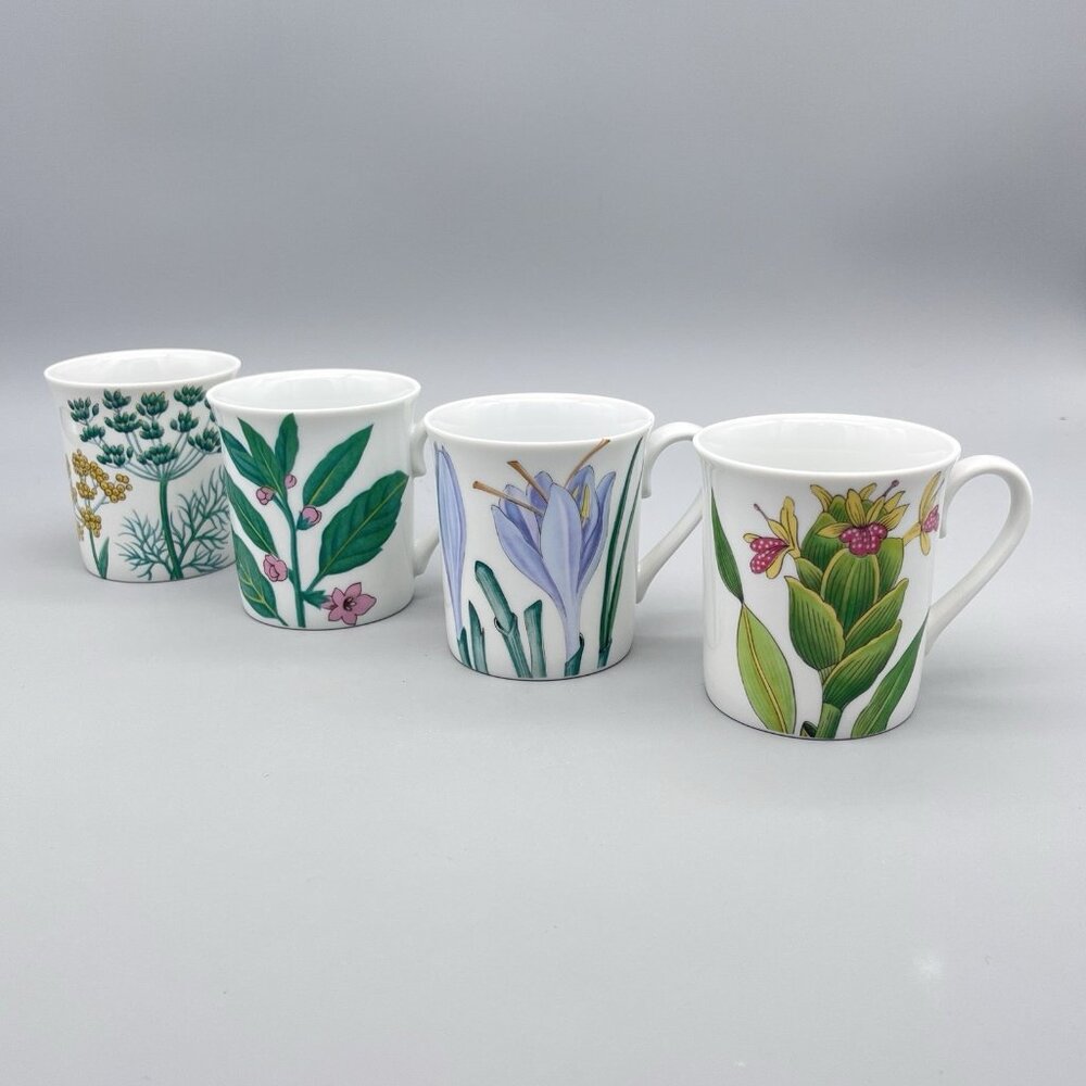 Set of 4 Horchow Collection Botanical Flowers 3.5" Coffee Cup Mug Japan